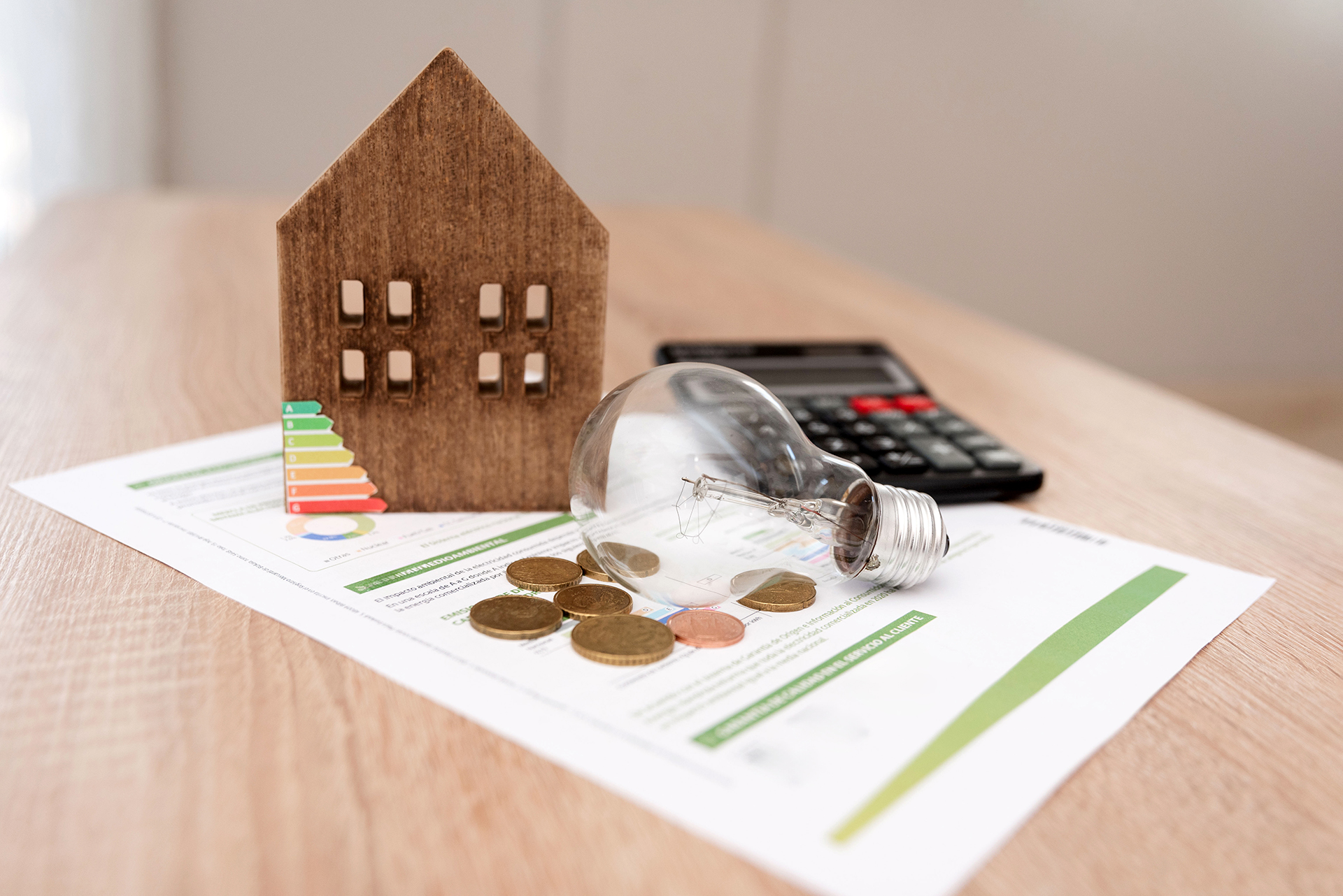 Wooden House Model with light Bulb, Coins, calculator and Energy Efficiency Chart on the table, Analyzing Electricity Costs concept